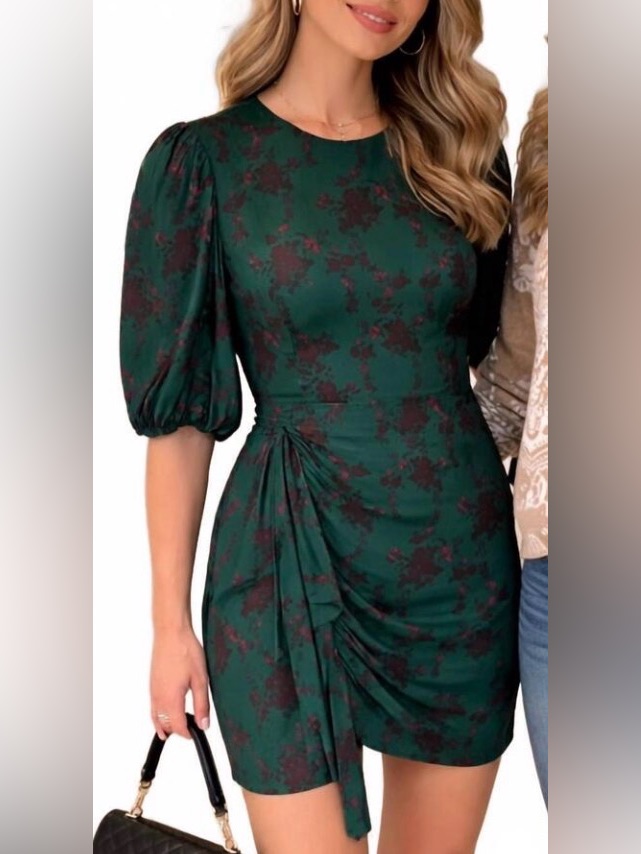 Emerald Green Floral Puff Sleeve Mini Dress